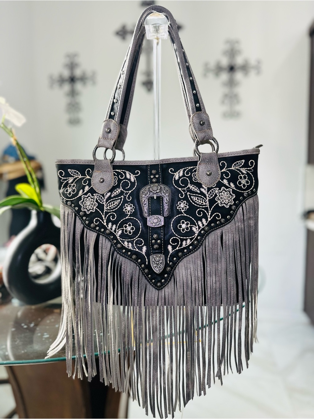 Montana West Gray Fringe Floral Embroidered Shoulder Bag